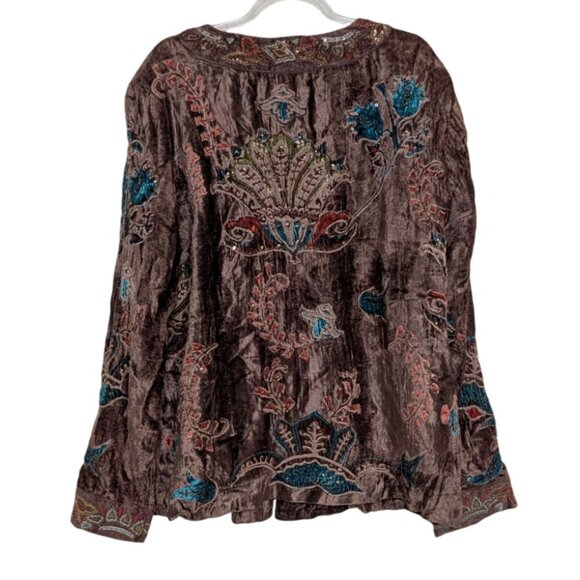 Chicos 2 Velvet Floral Jacket Womens Size Large Brown Beaded Embellished Boho - Picture 8 of 13